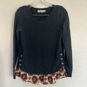 Loft Navy Blue Sweater Colorful‎ Fringe Womens size XS paisley ruffle cotton